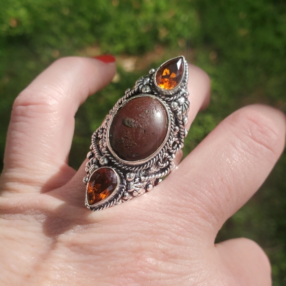 New Bloodstone & Golden Topaz Double Crescent Moon 925 Silver Statement Ring. - Picture 11 of 16